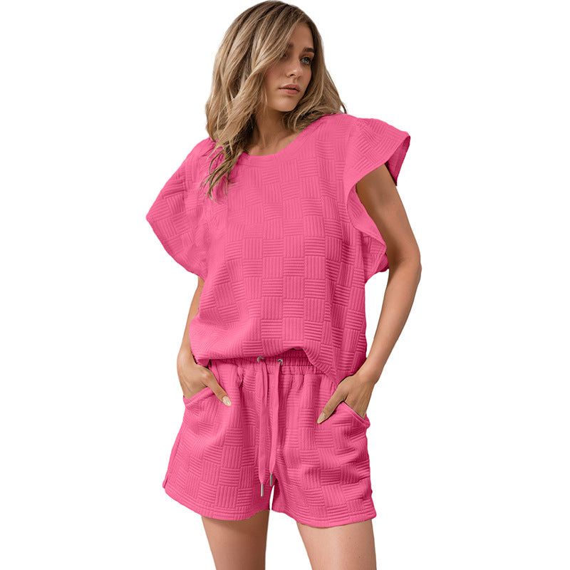 Spring Solid Color Ruffle Sleeve Casual Suit Women Simple Texture Short Sleeve Two Piece Set Women