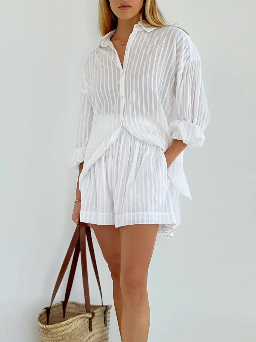 Pure Cotton Shirt Outfit Summer Women White Vertical Striped Shirt Shorts Casual Suit