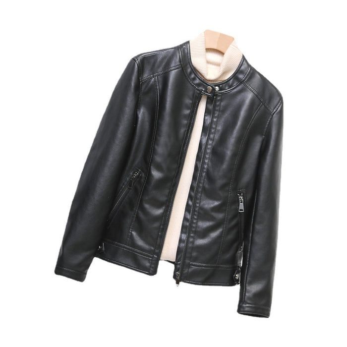 Fall Women Short Stand Collar Faux Leather Motorcycle Simple Leather Jacket Casual Coat