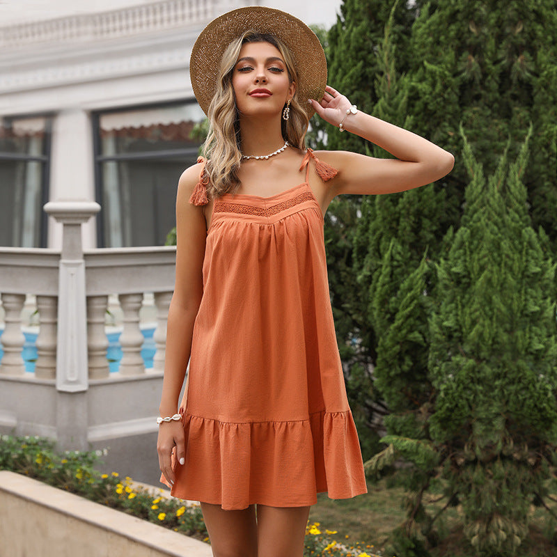 Summer Solid Color Stitching Lace Lace-up Tassel Cami Babydoll Dress for Women