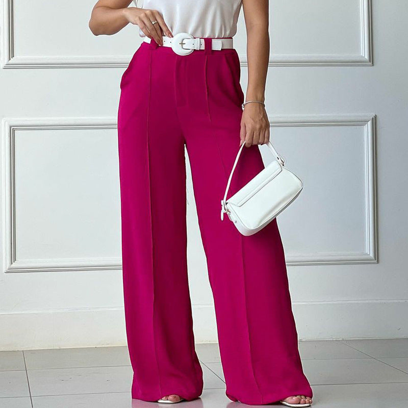 Spring Summer Thin Trousers Solid Color Loose Pleated Wide Leg Casual Pants Half Elastic Waist