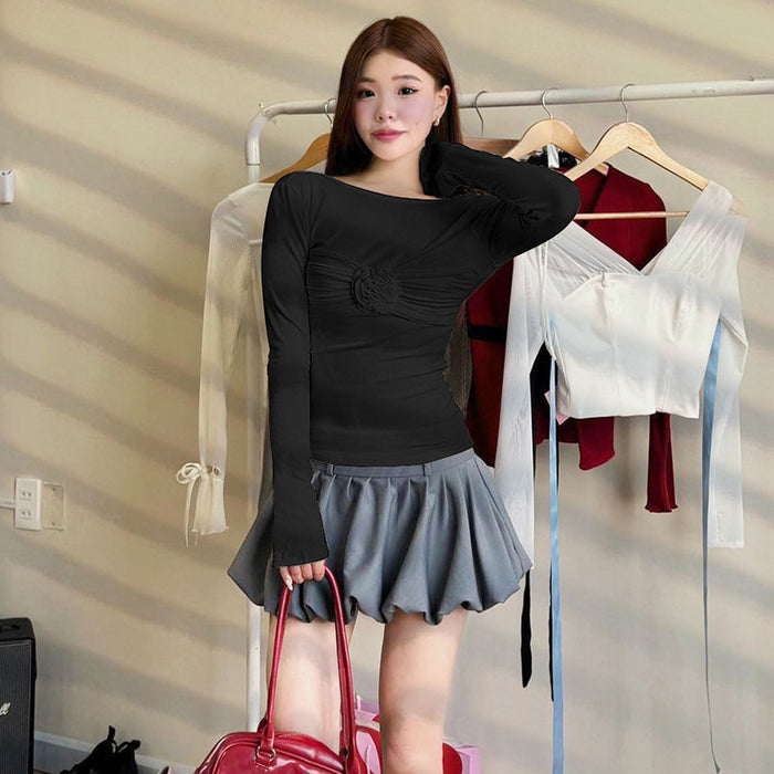 Women Clothing Summer Solid Color round Neck Long Sleeve Personality Bare Back Slim T shirt Top