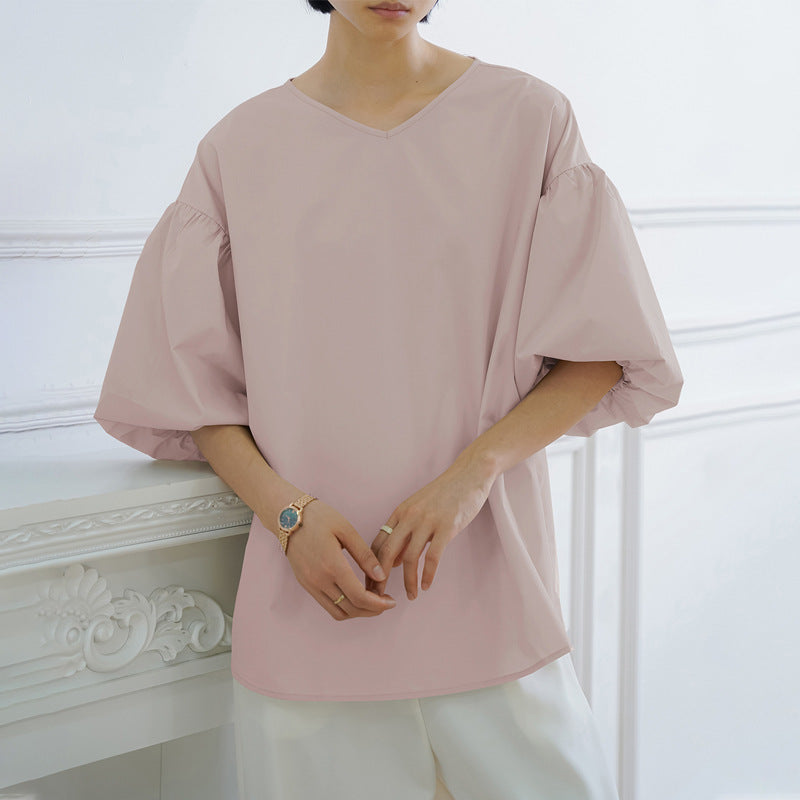 Summer Loose Large Women Shirt Cotton Oversized Lantern Sleeve Round Neck Top