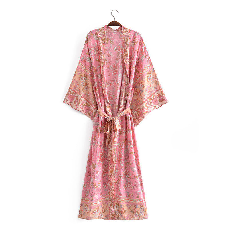 Spring Women Rayon Positioning Floral Belt Cardigan Coat Kimono