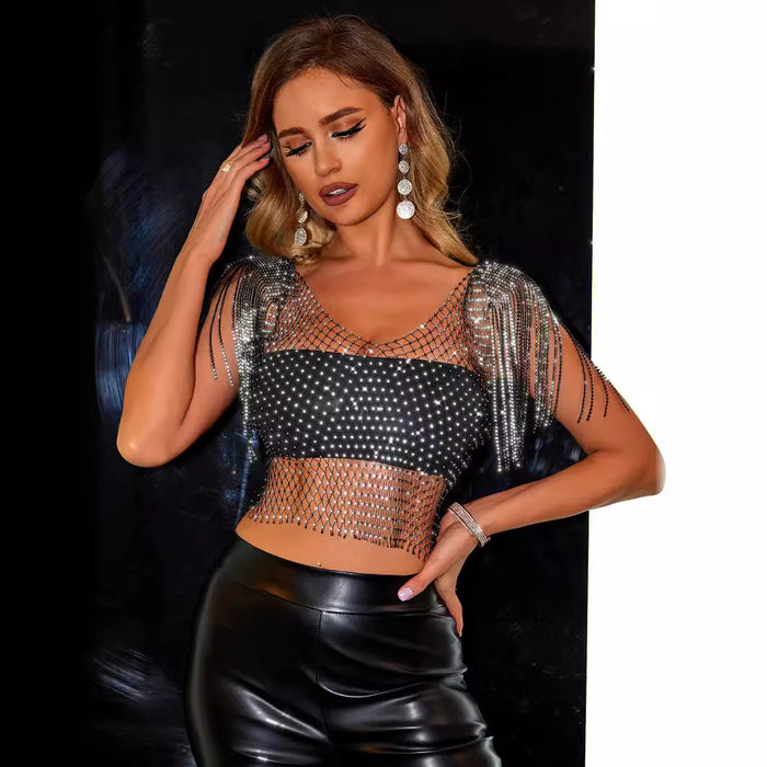 Rhinestone Sexy Fishnet Top Summer Net Drill Rhinestone Women Tassel Tippet Small Vest