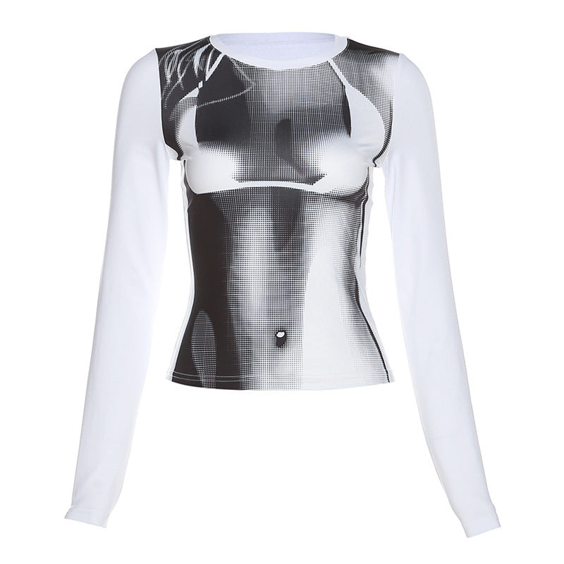 Women Clothing Spring Top Street Shooting 3D Printing Long Sleeve Slim Fit Slimming T Shirt