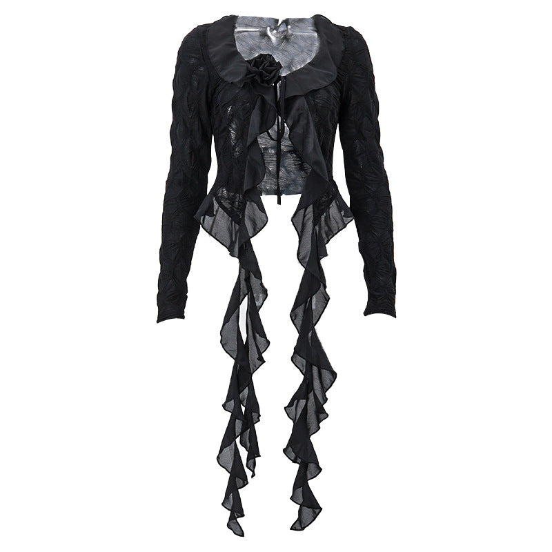 Spring Stringy Selvedge Lace Up V Neck Mesh Pleats See Through Cardigan Long Sleeved Top