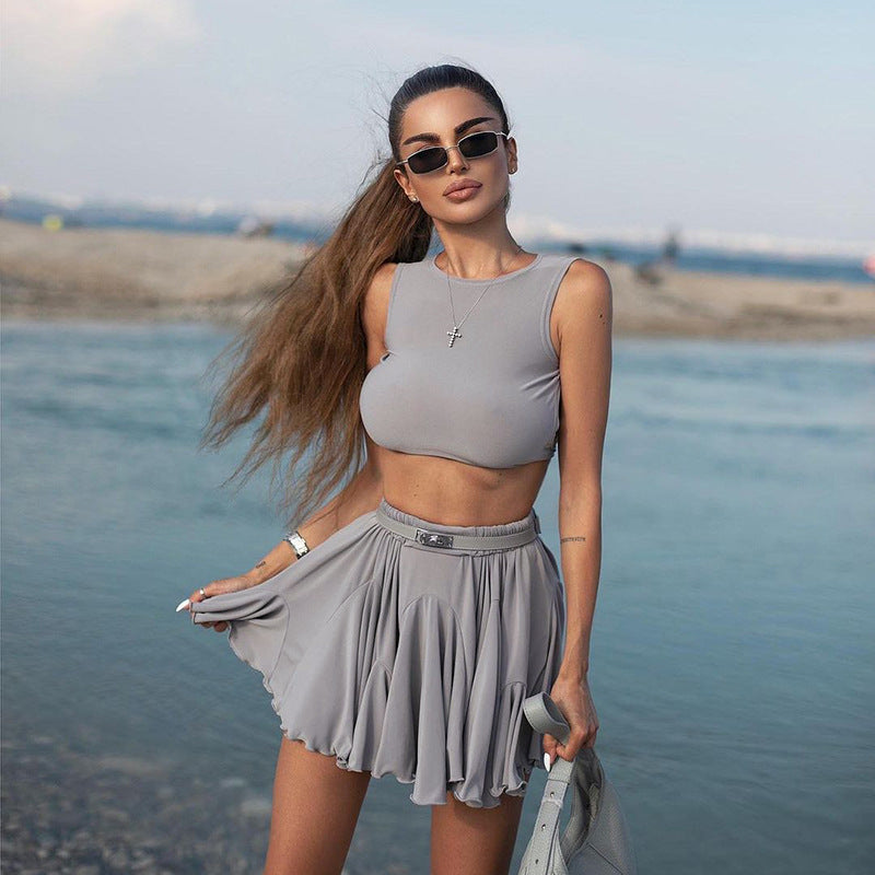 Holiday Sexy Backless Vest Half Skirt Casual Set Spring Women Clothing