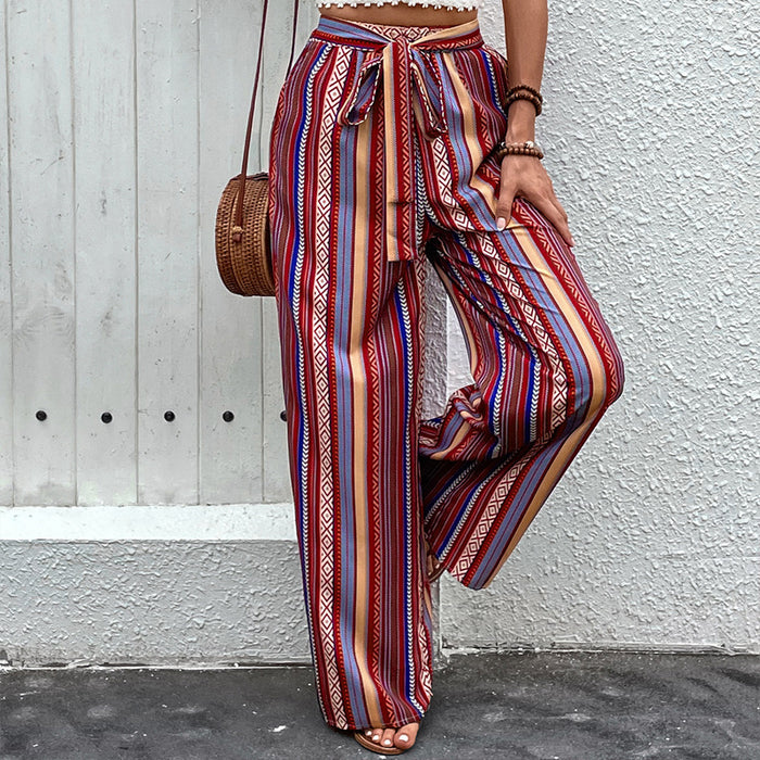 Summer Printed Trousers Office High Waist Elastic Wide Leg Pants for Women