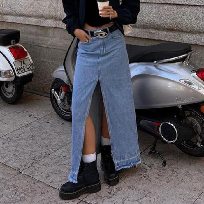 Light Colored Skirt Women Raw Hem High Waist Long Skirt Frayed Loose Fashionable with Side Slit Denim Skirt