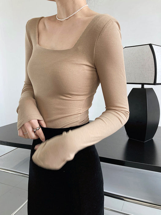 Long Sleeve Square Neck T shirt Women Slim Fit Slimming off Shoulder Low Collar Short Top Bottoming Shirt