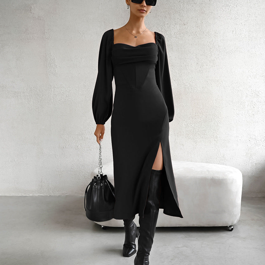 Slim Fit Square Collar Puff Sleeve Dress Satin French Midi Dress Self Tie Slit A Line Dress Women Clothing