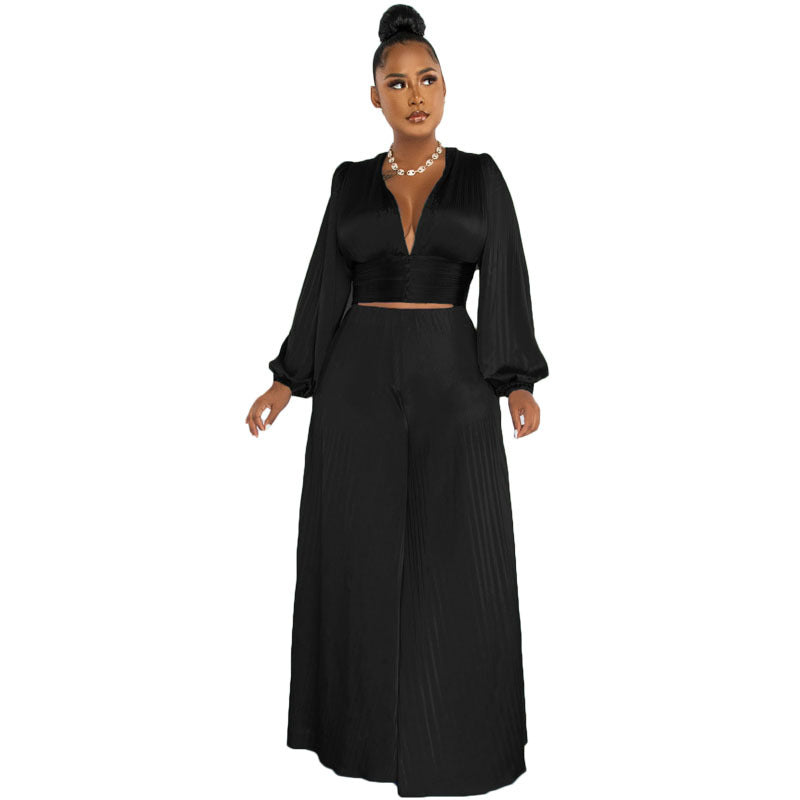 Women Clothing Autumn Winter Pleated Sexy V-neck Top Wide Leg Pants Casual Suit