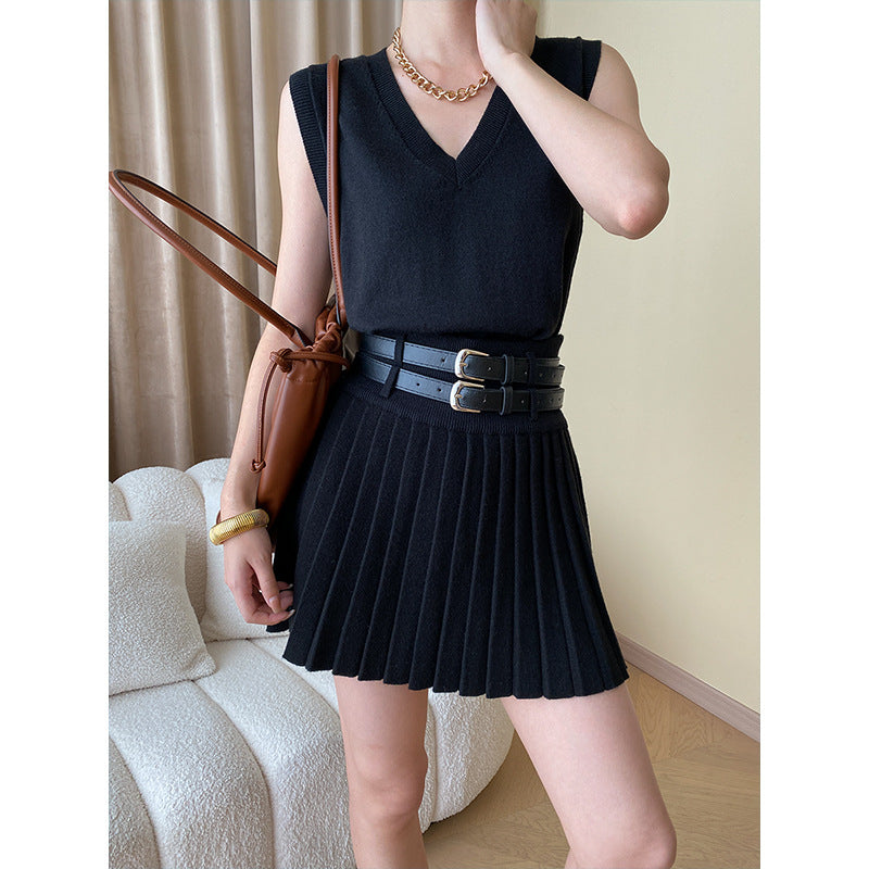 Fashionable Extra Early Autumn High Grade Knitted Vest Pleated Skirt Two Piece Suit