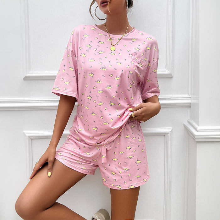 Spring Summer Top Women Clothing Casual Printed Short Sleeves Set