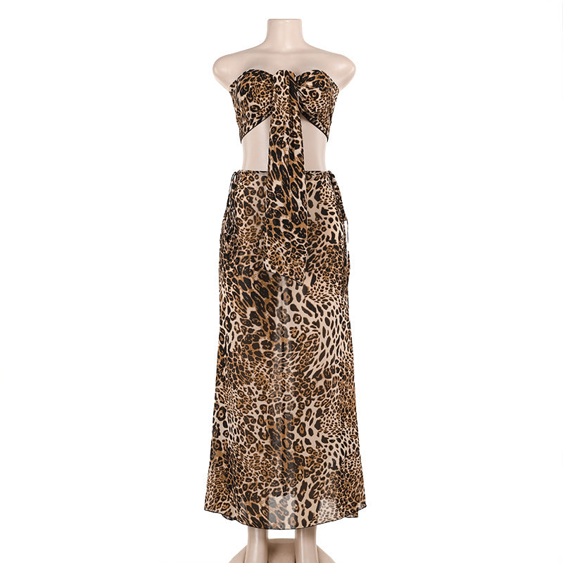 Summer Sexy Two Piece Leopard Print Tube Top Mid Length Skirt Set Women