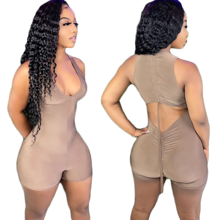 Women Clothing Vest Sleeveless Pleated Shorts Sexy Jumpsuit