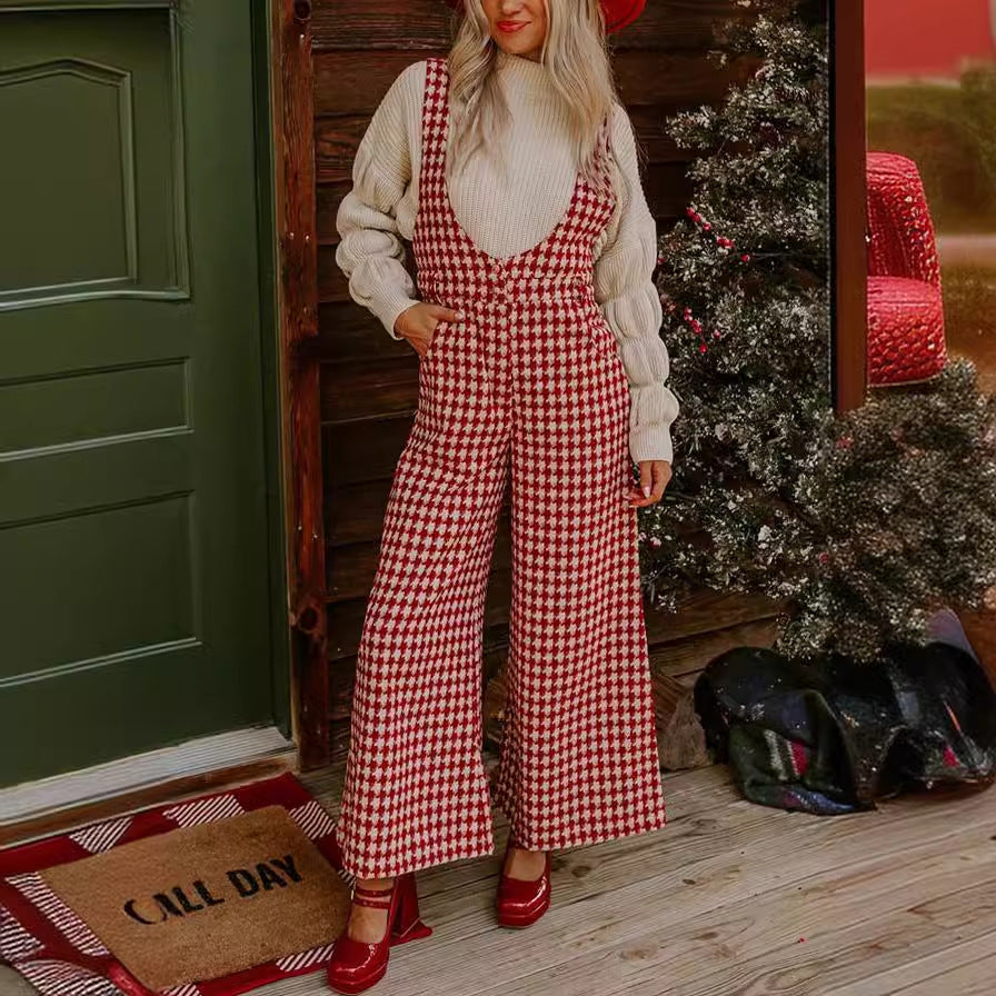 Autumn Winter Clothing Printing Plaid Loose Suspender Wide Leg Trousers Women