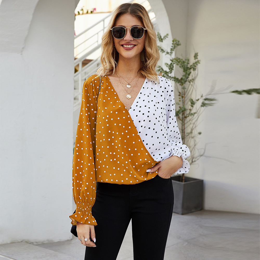 Spring Women Clothes Polka Dot Print Casual Loose V neck Women Top T shirt