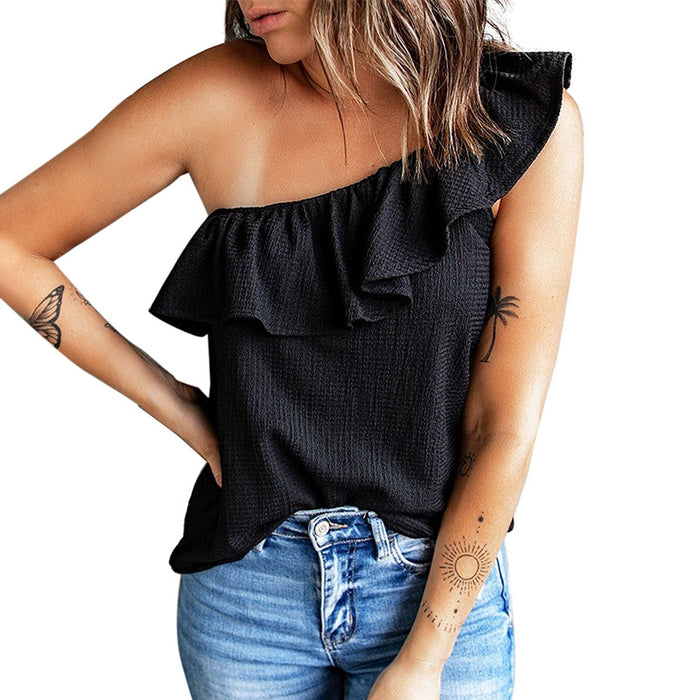 Ruffled Wide Shoulder Strap Solid Color Vest for Women Summer off Shoulder Simple All Match Beveled Top for Women