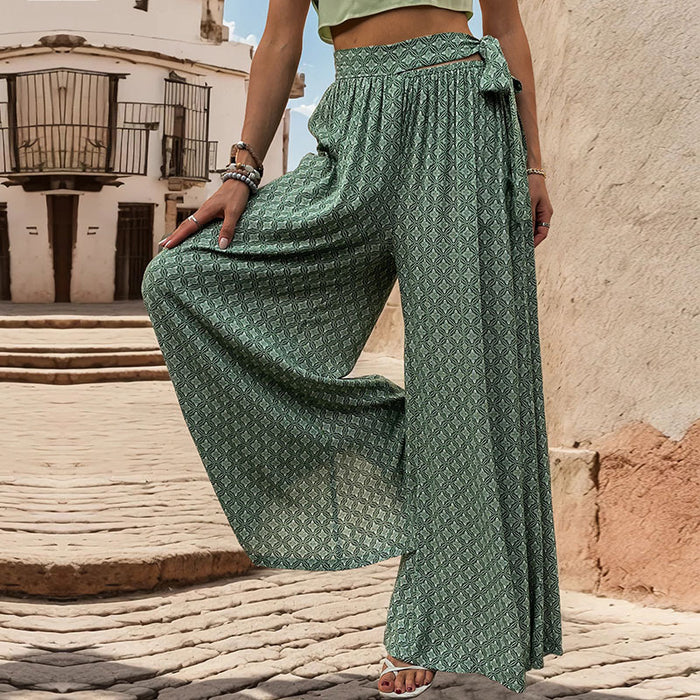 Summer Loose Wide Leg Pants Women Clothing Tied High Waist Casual Printed Trousers