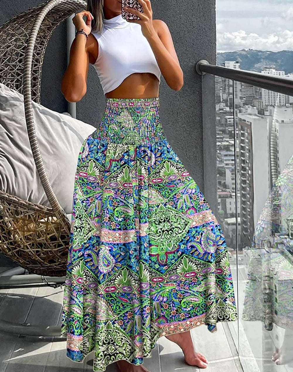 Women Clothing Bohemian Printed Elastic Waist Midi Skirt
