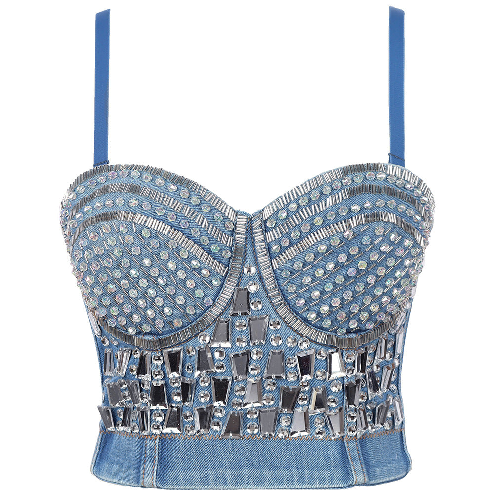 Beaded Shaping Camisole Online Influencer Outer Wear Underwear Stage Costume Rhinestone Denim Bra