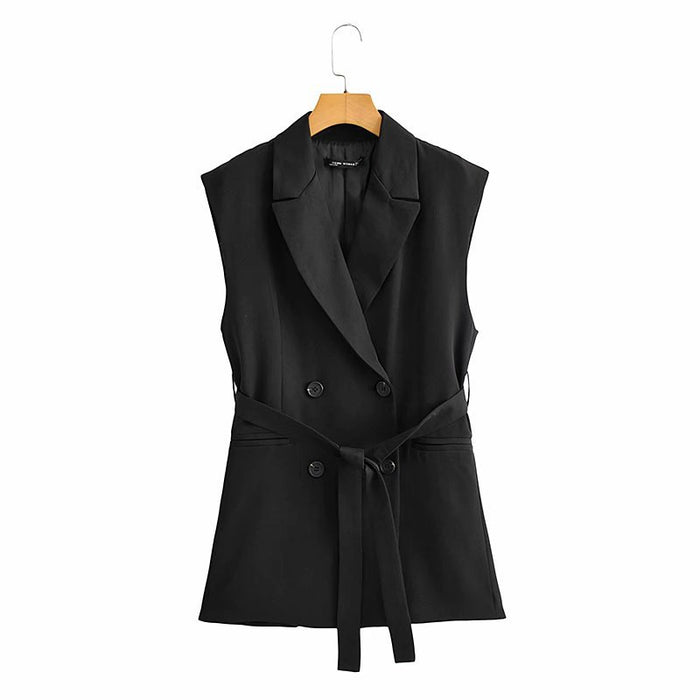 Vest Women Clothing Autumn French Double Breasted Belt Vest