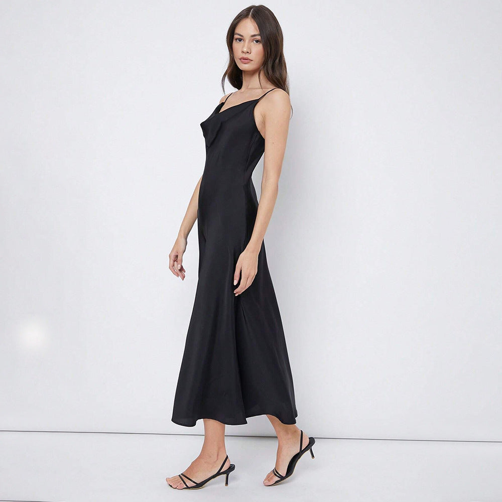Swing Collar Glossy Satin Party Party Sling Dress Maxi Dress
