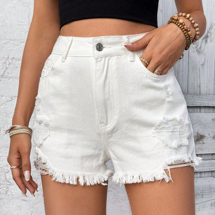 Women Clothing Casual High Waist Raw Hem Ripped Denim Shorts