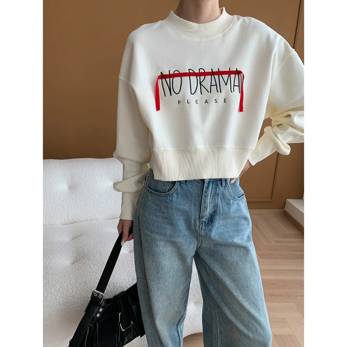 Loose Ribbon Letter Graphic Crew Neck Drop Shoulder Hoodie Short Early Autumn