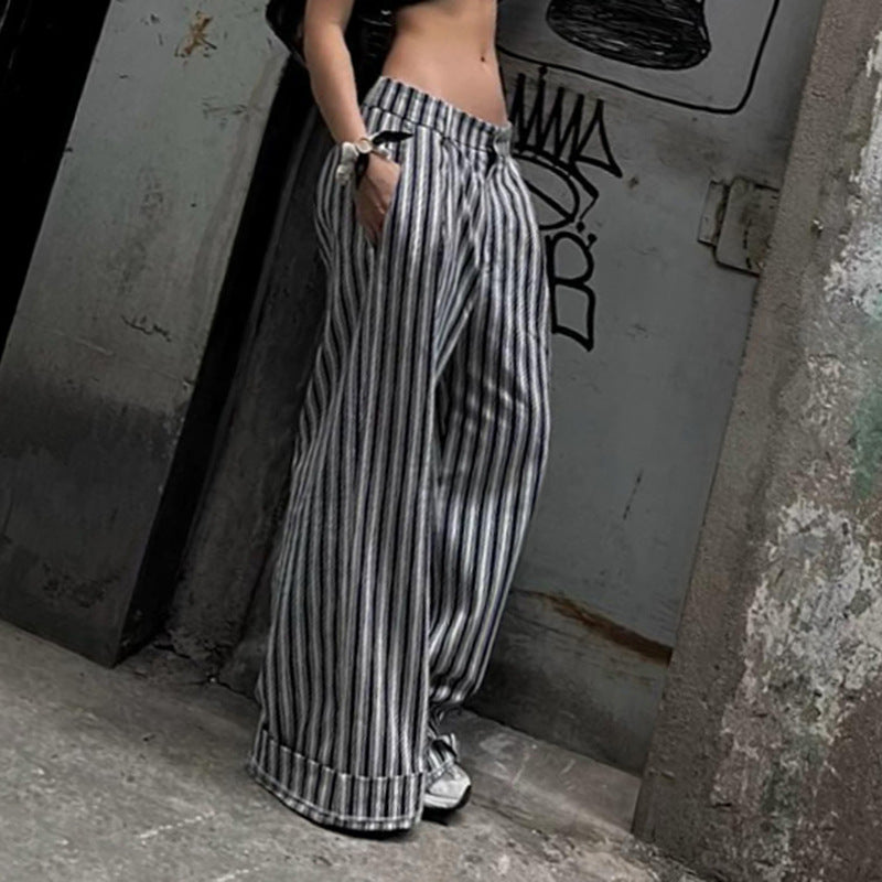 Sexy Striped Loose Casual Low Waist Tooling Waist of Trousers Head Pleated Design Wide Leg Straight Mop Pants