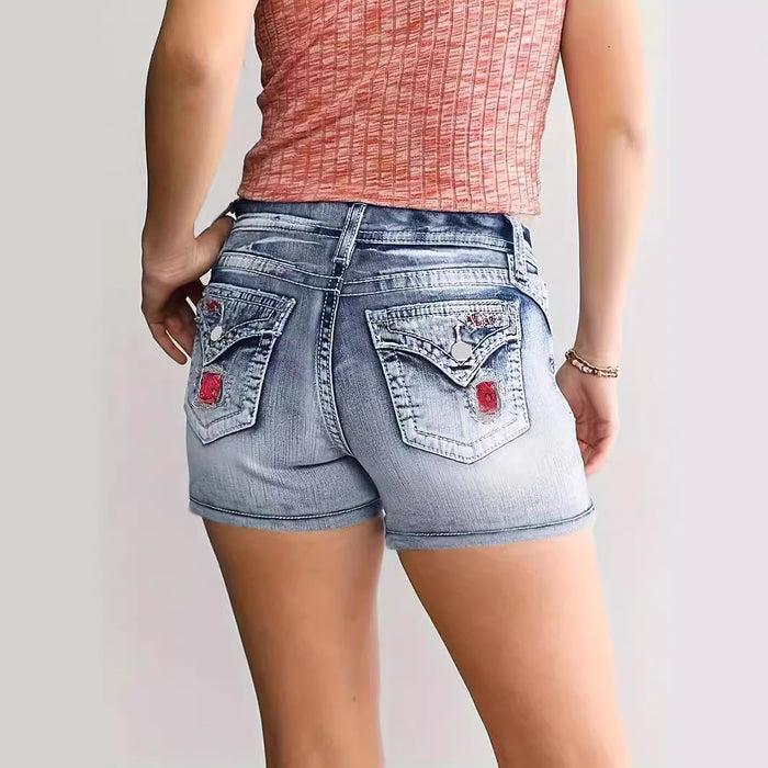 Embroidered Washed Denim Shorts Women Pants