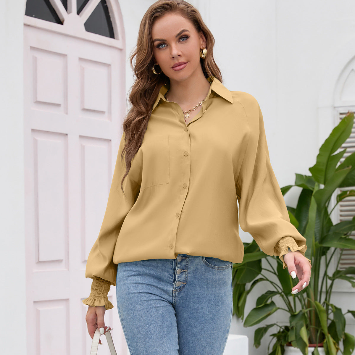Women Collared Lantern Sleeve Tencel Top Solid Color Loose Large Shirt
