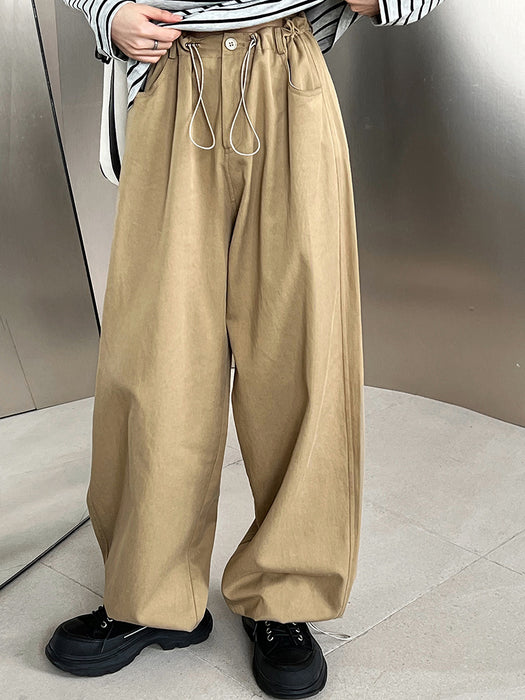 Retro Tencel Cotton Drawstring Elastic Waist Loose Cargo Pants Women Wide Leg Pants Casual Trousers