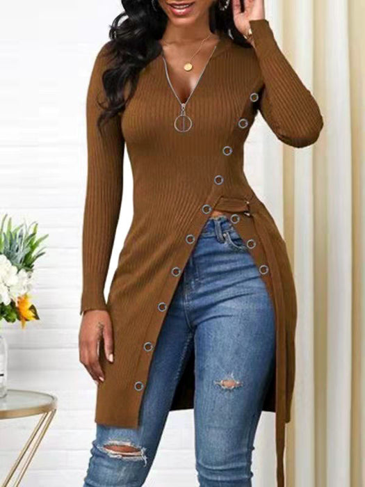 Autumn Winter Women Clothing V-neck Long Sleeve High Slit Thread Zipper T-shirt Top