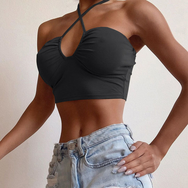 Women Drawstring Cross-Halterneck Chest-Wrapped Solid Color Sexy Waist Hollow-out Casual Beautiful Back Underwired Bra Bottoming Top