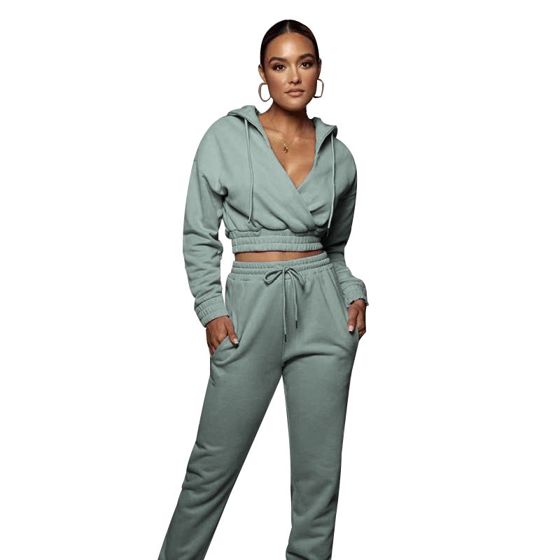 Autumn Winter Casual Solid Color Hooded Open V Trousers Women Clothing Fashionable Fitted Long Sleeve Sweater Suit