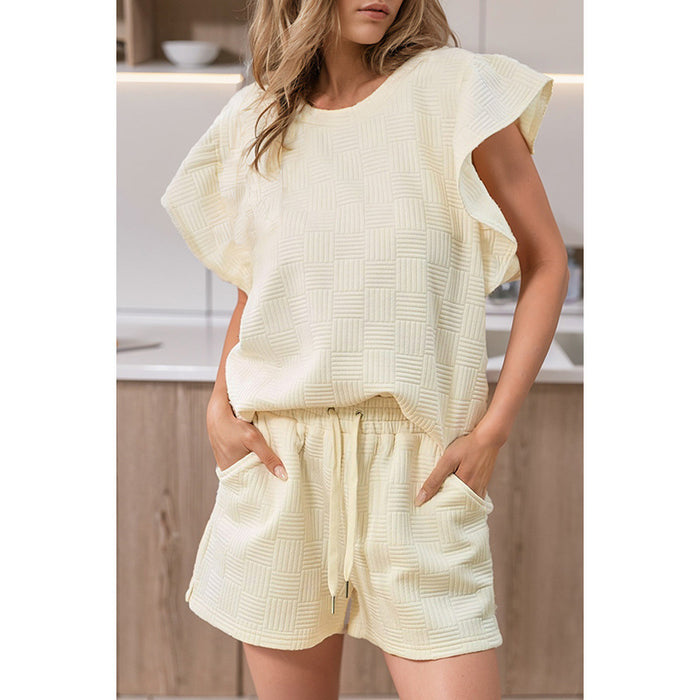 Spring Solid Color Ruffle Sleeve Casual Suit Women Simple Texture Short Sleeve Two Piece Set Women