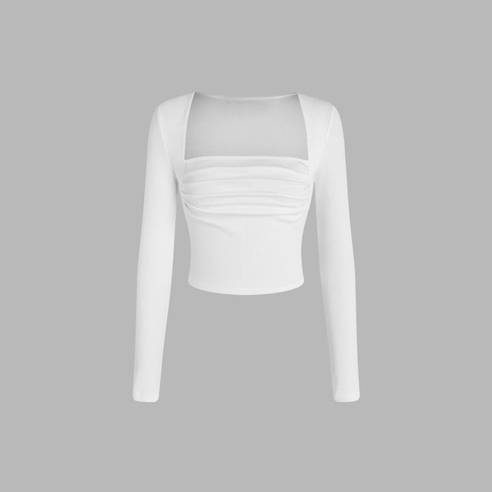 Autumn Winter Women Clothing Square Collar Pleated Slim Fit Long Sleeved Knitted T shirt Top