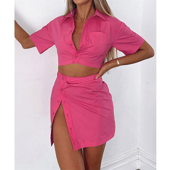 Spring Summer Two Piece Set Sexy Collared High Waist Short Sleeve Shirt Outfit