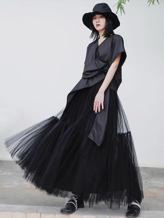 Women Clothing Long Floor Length Dress Oversized Swing Mesh Skirt Patchwork Maxi Dress A line High Waist Pettiskirt