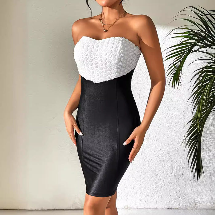 Women Sexy off the Shoulder Tube Top Tight Zipper Faux Leather Sheath Dress