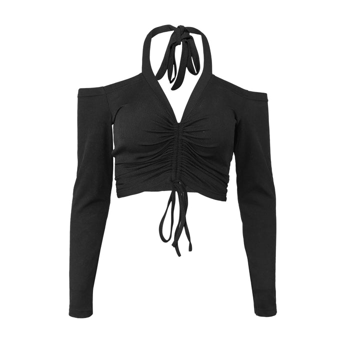 Women Clothing Slim Fit Sexy Lacing Halterneck Long-Sleeved Hollow Out Hollow Out Cutout Sweater Women Summer Bottoming Shirt