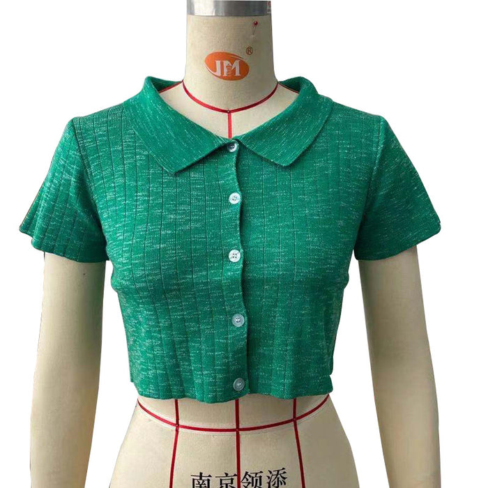 Women Polo Shirt Green Collared Knitwear Sweater Small Cardigan Cropped Short Sleeve Short Sleeve