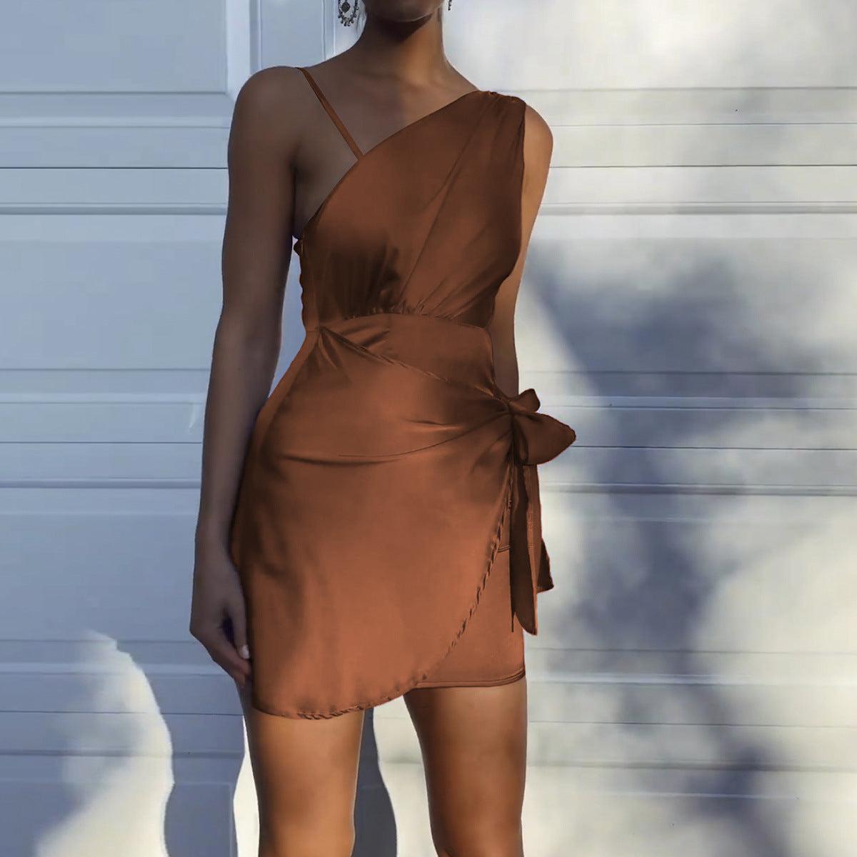 Summer Sexy Diagonal Collar Cami Dress Hollow Out Cutout Sheath Slim Fit Irregular Asymmetric Dress