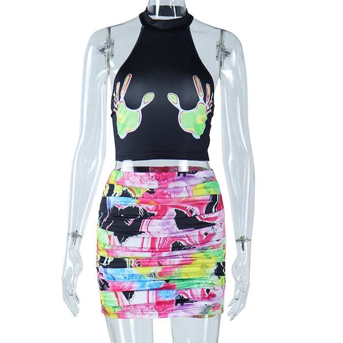 Summer Printed Sleeveless Cropped Top Vest Skirt Two Piece Suit Women Rest Suit