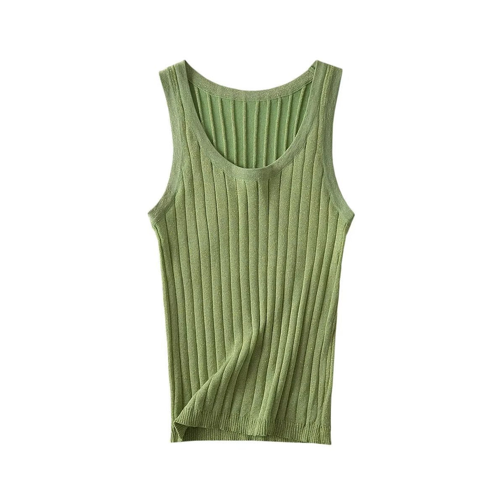 Summer Women Clothing round Neck Metal Color Line Sunken Stripe Knitted Vest