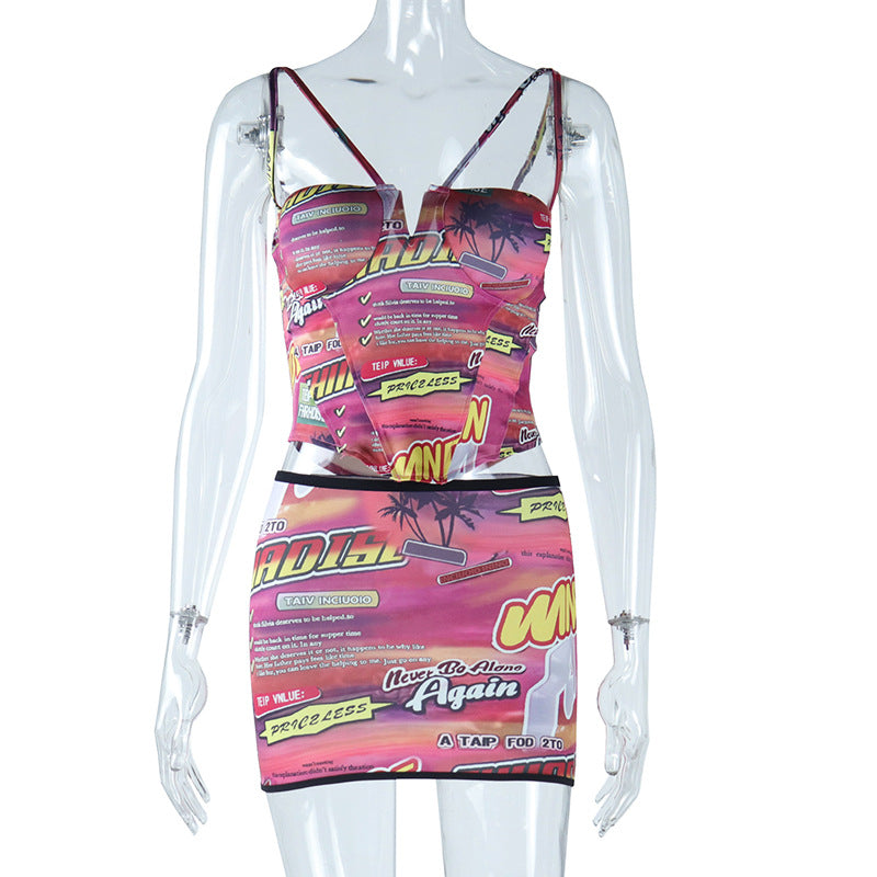Summer Printed Sexy Corset Halter Spaghetti Straps Small Underwear Vest Hip Wrap Miniskirt Suit