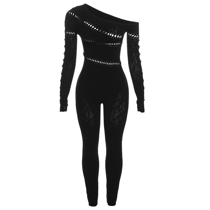 Fall Women Clothing Sexy Cutout Knitted Jacquard High Waist Tight Long Sleeve Jumpsuit